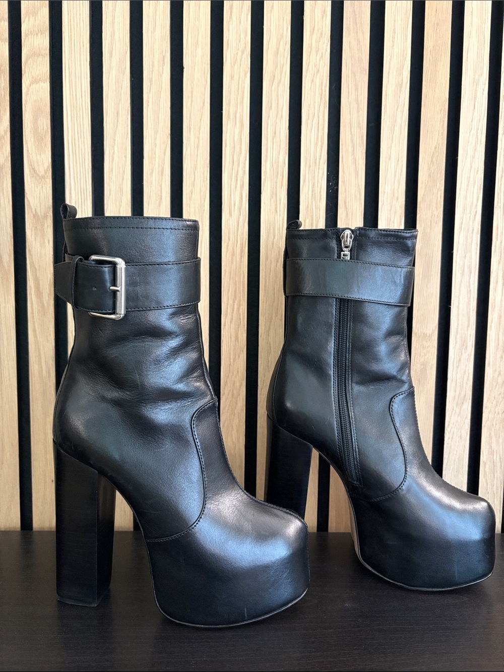 SCHUTZ Black Leather Platform Ankle Boots with Buckle
